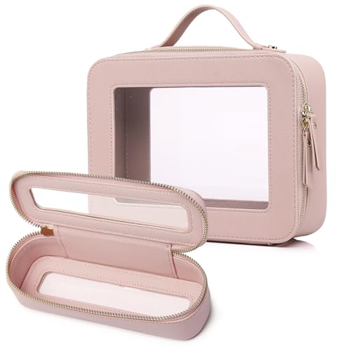 Pinkmik Clear Makeup Bag with Brush Bag Portable Cosmetic Bag Case Travel Toiletry Bag Car Essential for Women (Pink, L+SLIM) - color: Pink, size: L+SLIM
