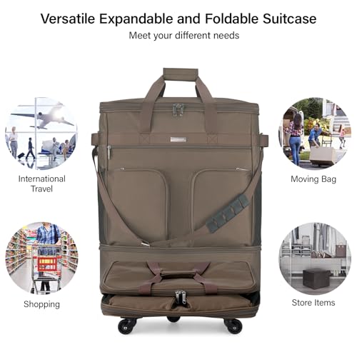Hanke Expandable Collapsible Luggage with Wheels Suitcase, Rolling Travel Bag, Duffel Garment Tote Bag for Men Women, Lightweight Suitcase, Large Capacity Luggage with Spinner Wheel (Coffee) - color: Coffee Upgrade Version 2