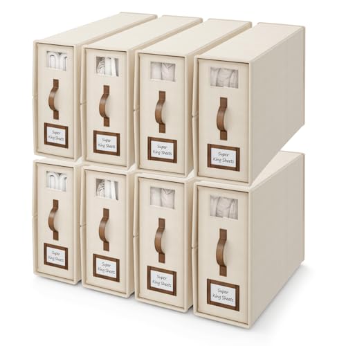 8 Pack Foldable Bed Sheets Set Organizers and Storage(Cal King Size),Linen Fabric Closet Organizers with Window,Folding Bedding Storage Box for Bedsheets and Pillow Cube Organizer-Beige - color: Beige, size: 8 Pack-Cal King Size-5.2 Gal