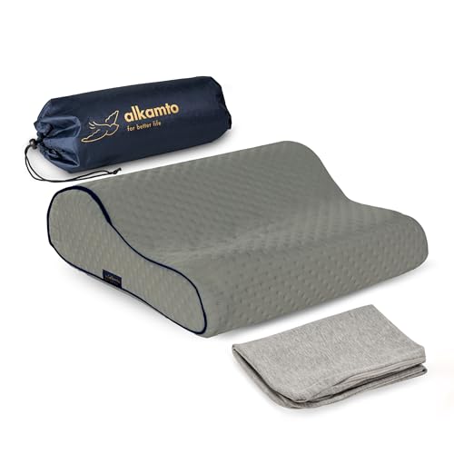 alkamto Travel & Camping Comfortable Memory Foam Pillow – Easy to Carry Portable Bag – Temperature Regulating Pillow Case (Grey Contour + Extra Cover) - size: Grey Contour Travel + Extra Cover