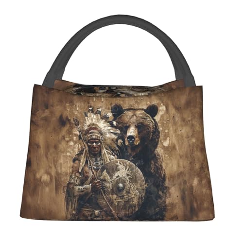 Native Warrior Bear Lunch Bag for Women, Girls, Kids, Reusable Insulated Lunch Box for Work, Office, Picnic, Travel, School, Gifts - color: Native Warrior Bear