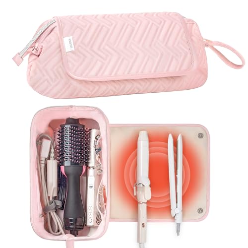 Leudes Hair Tools Travel Bag for Women Heat Resistant Mat for Travel Essentials Hot Tools Straighteners,Flat Irons,Curling Iron,Hot Air Brushes and Hair Dryer Organizer Bags 2 in 1(Pink) - color: Pink