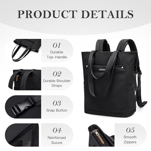 Convertible Laptop Backpack for Women Men Carry on Tote Backpack Teacher Bookbag for College Work Nurse Travel Leisure,16 Inch,Black - color: Black