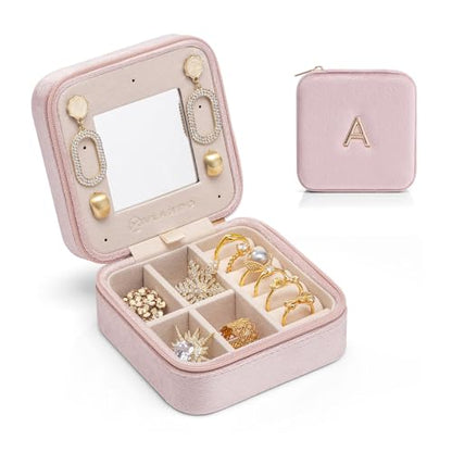 VLANDO Small Travel Jewelry Box Organizer Display Case for Rings Earrings Necklaces Storage, Selected Soft Velvet, Letter A Engraved, Pink - color: b. Powder Pink A