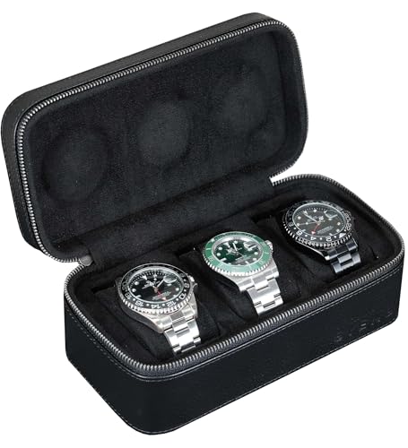 3 Watch Travel box Real Top-grain Leather, Three Watches Storage Organizer Roll Case for Man and Women, Watch Packing Box with Suede to Protection Zipper Fit All Watches Up to 60mm (3W-Z-BB) - color: 3W-Z-BBL