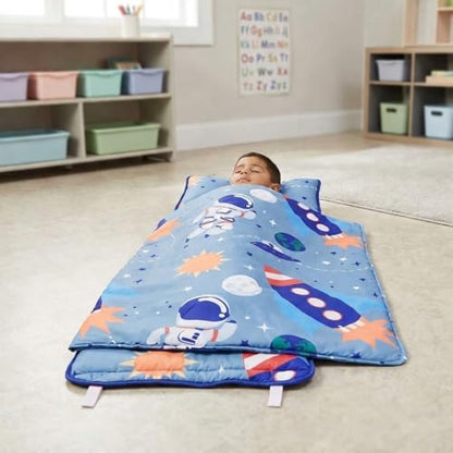 EVERYDAY KIDS Nap Mat w/Removable Pillow -Outer Space Adventures- Carry Handle with Straps Closure, Rollup Design, Soft Microfiber for Preschool, Daycare, Travel Sleeping Bag - Ages 3-6 Years - color: Outer Space Adventures