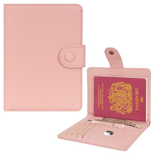 WASON Leather Passport Cover Wallet - Travel Passport Holder with RFID, Card Slots, Cash Pocket, Coin Purse, Tracker Slot, Boarding Pass and Ticket Organizer for Men and Women (Pink) - color: Pink