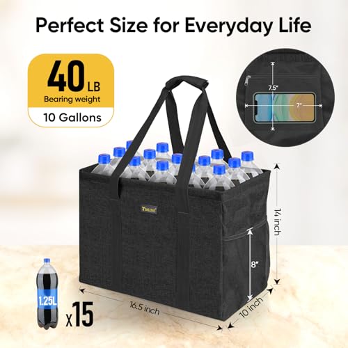 BALEINE Extra Large Utility Tote Bag with Reinforced Wire Frame, Reusable Grocery Bag for Shopping, Picnic (Black, 16.5''x14''x10'') - color: Black, size: 16.5''x14''x10''