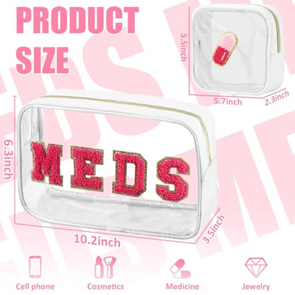 BuyCard 2 Pcs Medicine Chenille Letter Bag Preppy Clear Makeup Meds Bag for Travel Nylon & PVC Transparent Cosmetic Bag Preppy Patch Toiletry Storage for Women Girls White - color: MEDS-White, style: 2 Pcs-clear