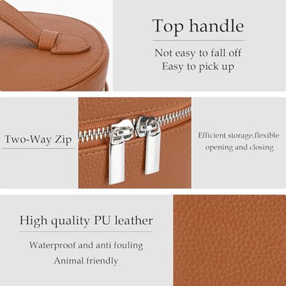 Leather Make Up Bags With Compartments, Brown travel Cosmetic Bags for Women, Parallel Makeup Travel Bags Organizer Equipped With a Detachable Divider - color: Brown