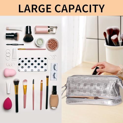 Abiudeng Large Capacity Makeup Bag Ladies Cosmetic Bag Travel Bag with Compartments Portable PU Leather Travel Makeup Bag with Handle - color: Checkerboard-Silver