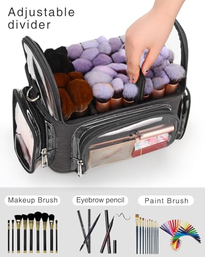 NAONAYA Makeup Brush Bag, Clear Makeup Brush Holder Professional Makeup Artist Travel Case Waterproof Cosmetic Organizer Bag, Full Open Easy to Access, with Adjustable Shoulder Strap and Dividers - color: clear, size: S
