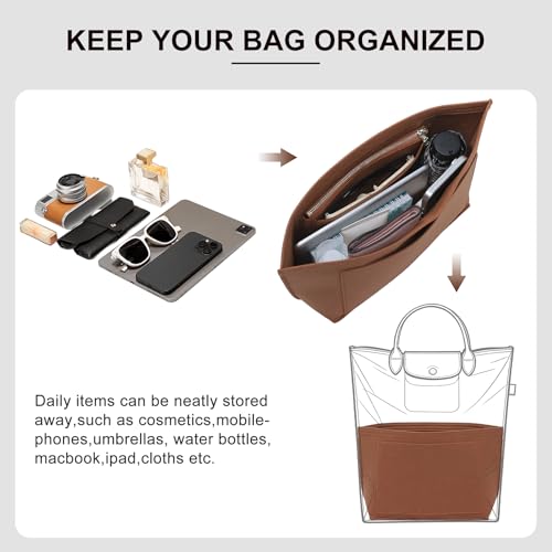Purse Organizer Insert Compatible with Longchamp Le Pliage M Top Handle Tote Bag, Glod Brown/SM - color: Gold Brown, size: M Tote Bag (Top Handle)