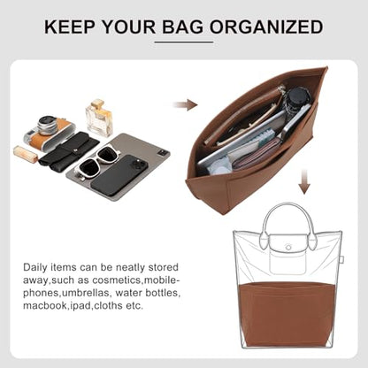 Purse Organizer Insert Compatible with Longchamp Le Pliage M Top Handle Tote Bag, Glod Brown/SM - color: Gold Brown, size: M Tote Bag (Top Handle)