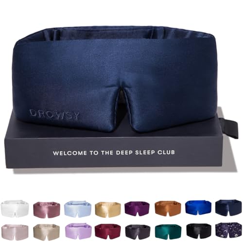 DROWSY Silk Sleep Mask - Face-Hugging, Padded Cocoon for Luxury Sleep in Total Darkness - 100% Pure Mulberry Silk, Skin-Hydrating & Adjustable (Midnight Blue) - color: Midnight Blue, size: 1 Count (Pack of 1)