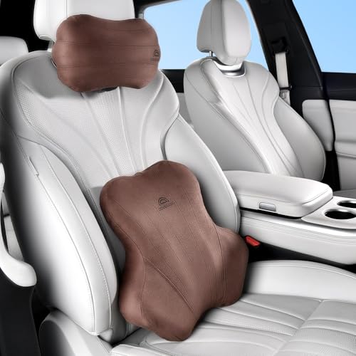 Coverado Car Lumbar Support Pillow and Car Neck Pillow Kit, Ergonomic Design Car Headrest Pillow for Driving, Relax Back Head Muscles Relieve Driving Fatigue, Breathable & Removable Cover, Coffee - color: Coffee-01, size: 2 Pieces
