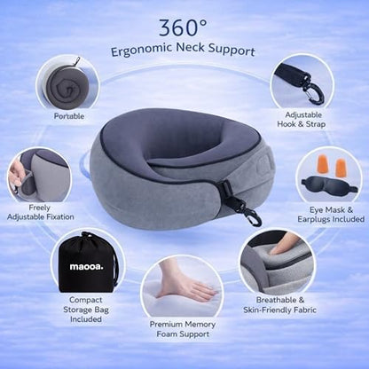 Travel Pillow with Eye Mask Earplugs Kit set, Memory Foam Neck Pillow with 360 Support, Stuffable Travel Pillow with Bag, Office Nap Kit, Luggage Saver Fillable Pillow, Best for Car, Flight, Train