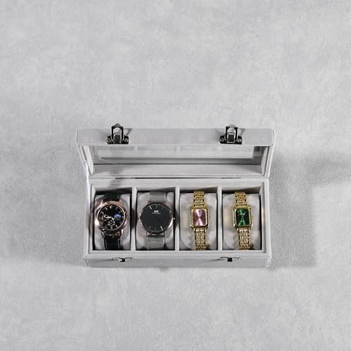 Frebeauty 4-Slot Watch Box,Velvet Watch Case with Glass Lid,Watch Organizer Box for Men and Women,Lockable Watch Storage,Watch Display Case,Ideal Gift(Grey) - color: Grey, size: 4 Slots