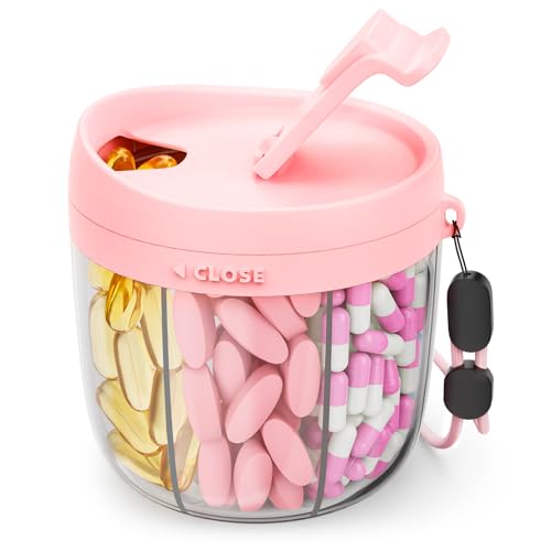 AMOOS Cute Pill Dispenser with 7 Compartments, Pill Bottle Organizer with Anti-Mix Design, Portable Pill Organizer for Travel with Wide Mouth for Easy Access, BPA-Free Patented Pill Container, Pink - color: Pink