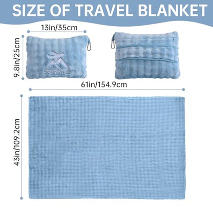 Travel Blanket and Pillow-2-in-1, Ultra-Soft&Compact, Airplane Blanket with Hand Luggage Belt and Backpack Clip,Travelers Accessories Gifts, 61x43 Inches（Blue） - color: Blue