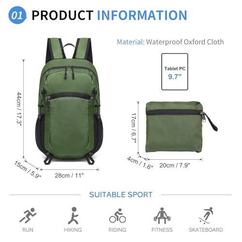 Hiking Daypack Packable, Camping Backpack Water Resistant Lightweight Polyester for Men Women Travel Outdoor - color: Dark Green