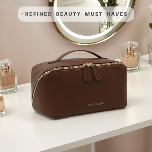 Travel Makeup Bag – Large Cosmetic Organizer with Waterproof PU Leather, Smooth Double Zipper & Tear-Resistant Lining, Toiletry Pouch for Women (Brown) - color: 01-Brown