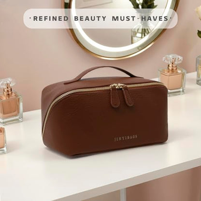 Travel Makeup Bag – Large Cosmetic Organizer with Waterproof PU Leather, Smooth Double Zipper & Tear-Resistant Lining, Toiletry Pouch for Women (Brown) - color: 01-Brown