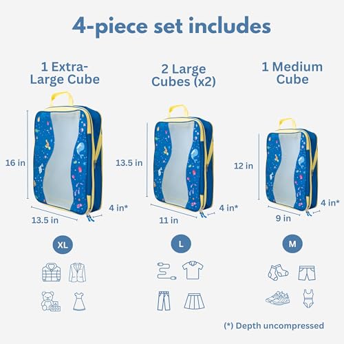 Kids Packing Cubes Compression, Luggage Packing Organization Cubes 4 Pack, Blue, 1 Small, 2 Medium, 1 Large, ocean blue - color: Underwater Sea World