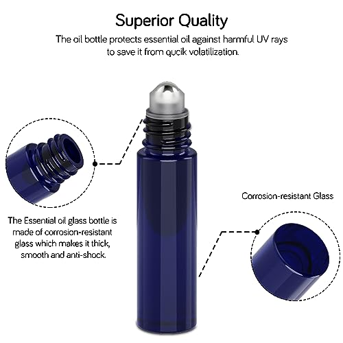 PrettyCare 10 ml 4 Pack Essential Oil Roller Bottles with Stainless Steel Roller Ball - Refillable Leak-proof Empty Thick Blue Glass Roll on Bottles with Black Caps for Travel, Perfume - color: Blue with Black Cap, size: 4 Pack