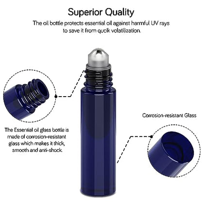 PrettyCare 10 ml 4 Pack Essential Oil Roller Bottles with Stainless Steel Roller Ball - Refillable Leak-proof Empty Thick Blue Glass Roll on Bottles with Black Caps for Travel, Perfume - color: Blue with Black Cap, size: 4 Pack