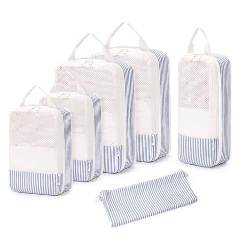 Narwey 6 Set Compression Packing Cubes for Travel Women Men, Travel Cubes for Carry On Suitcase, Durable Compression Luggage Organizer Bags - color: ZY-Greyish Blue Stripe