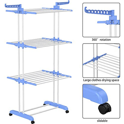 HOMIDEC Clothes Drying Rack, Large 4-Tier Foldable Drying Rack Clothing (67.7H x 19.7W x 30L Inches), Movable with 4 Castors. Multifunctional Stainless Steel Laundry Drying Rack, Blue - color: Blue