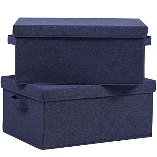 HOONEX Foldable Storage Bins with Lids, Pack of 2, Storage Boxes with 2 Carrying Handles and Heavy Cardboard, 16.5" L x 11.8" W x 7.5" H for Shoes, Clothes, Blue - color: Blue