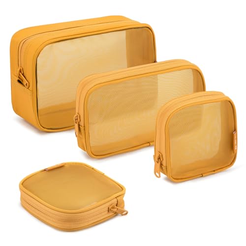 NOL Natural Organic Lifestyle Makeup Bag 4 PCS Set, Mesh Cosmetic Bag with Smooth Zipper, Clear Travel Toiletry Bag, Portable Organizer Pouch, Earth-Yellow See Through Case for Skincare Brushes - color: Earth-yellow