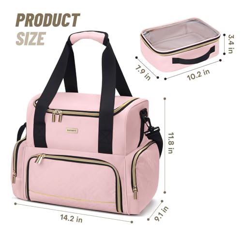 BAFAMYE Large Makeup Cosmetic Bag with 2 Removable Case, Double Layer Travel Makeup Organizer Case, travel Toiletry Bag For Women, Pink - color: Pink