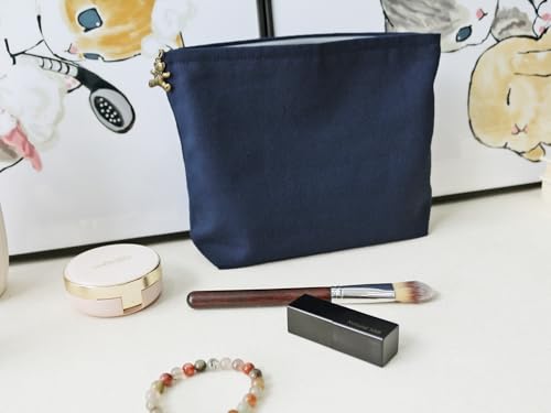 HAPPYHEIDI Canvas Pouch Cosmetic Bag, Tote Organizer, Heavy Duty Cotton Canvas, Solid Navy Blue, Zipper Clsosure, Large 10 x 8.5 Inches - color: GR-Canvas-Navy Blue