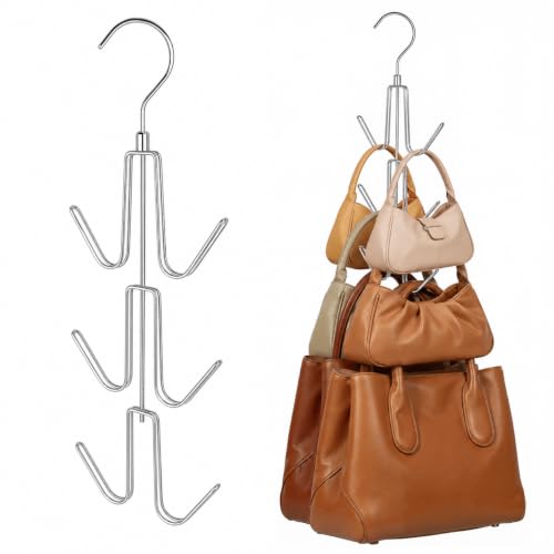 ZEDODIER 2 Pack Purse Organizer for Closet, Heavy-Duty Hanging Purse Hanger Closet Holds Up to 12 Purses, Metal Rotating Space Saving Bag Holder Handbag Storage Hook Backpack Rack, Silver - color: Silver, size: 2 Pack