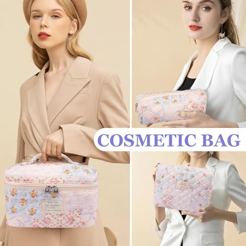 Gosect Makeup Bag Set, Quilted Makeup Bags, Large Floral Cosmetic Bag for Women, Cute Cotton Makeup Bags, Flower Travel Toiletry Organizer Bag (Folk Style) - color: MZF