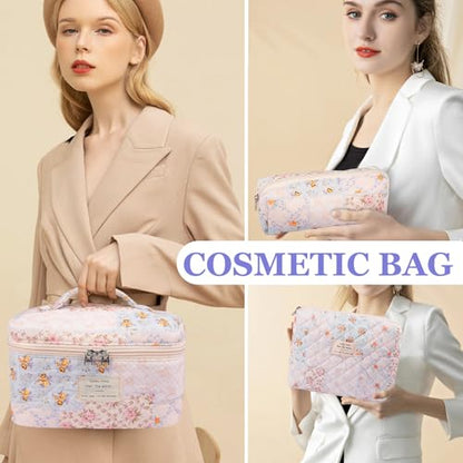 Gosect Makeup Bag Set, Quilted Makeup Bags, Large Floral Cosmetic Bag for Women, Cute Cotton Makeup Bags, Flower Travel Toiletry Organizer Bag (Folk Style) - color: MZF