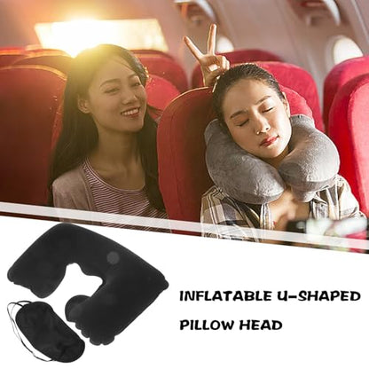 MAGICLULU Inflatable Travel Neck Pillow with Airplane Eye Mask and Set, Black Velvet U-Shaped Sleep Pillow for Plane Travel, Portable Outdoor Comfort Kit