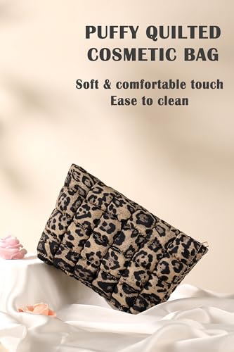 Puffy Quilted Makeup Bag for Women, Cosmetic Bag, Travel Toiletry Organizer Pouch Clutch (Brown Leopard) - color: Brown Leopard