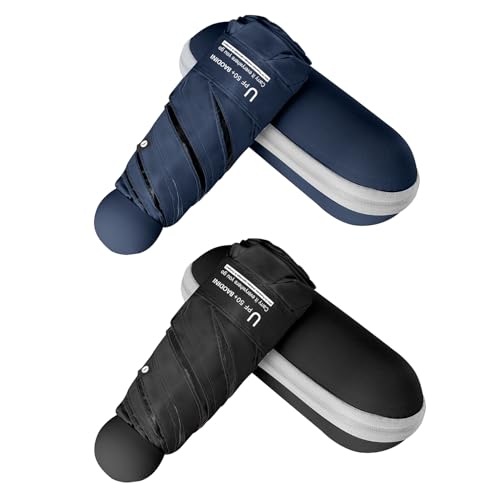 BAODINI Travel Essentials Mini Umbrella for Purse With Case Small Compact UV Sun Protection Lightweight Tiny Pocket Manual Open Close Umbrella for Women Kids and Men Fits Purse Backpack - color: F-2 Pack Navy Blue & Black