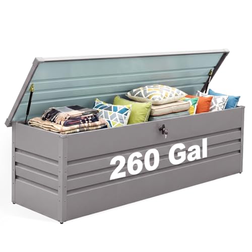 260 Gallon Metal Outdoor Deck Box, Waterproof Extra Large Patio Storage Box with Lockable Lid for Cushions, Pool Accessories, Garden Tools (Light Gray)