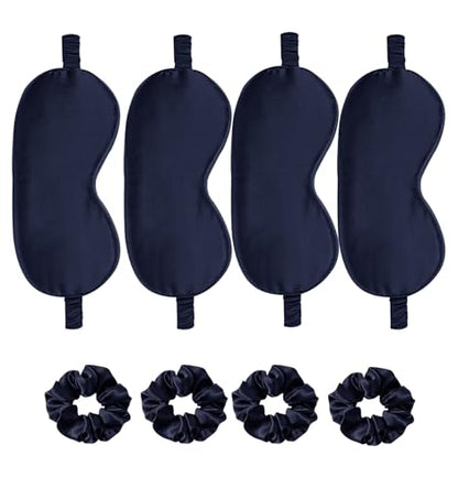 Satin Eye Mask 8Pcs Silk Sleep Masks Silky Blindfold Eyeshade Blackout Eyes Cover Scrunchies Hair Ties Travel Wedding Gifts - color: Navy