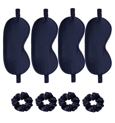 Satin Eye Mask 8Pcs Silk Sleep Masks Silky Blindfold Eyeshade Blackout Eyes Cover Scrunchies Hair Ties Travel Wedding Gifts - color: Navy