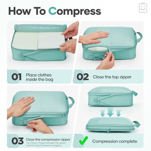 Veken 9/11 Set Compression Packing Cubes for Travel Essentials,Compressible Expandable Large Luggage Suitcase Organizer Bags for Clothing,Durable Space Saver Storage Bags(Blue Green) - color: Blue Green, size: 9 set