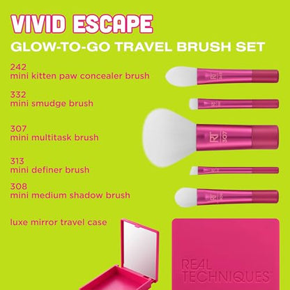 Real Techniques Vivid Escape Glow-To-Go Travel Makeup Brush 6 Piece Set, Mini Size Makeup Brushes for Eyeshadow, Concealer, Contour, & Blush, Includes Mirror Cosmetic Case, Cruelty-Free & Vegan - size: 1 Count (Pack of 6)