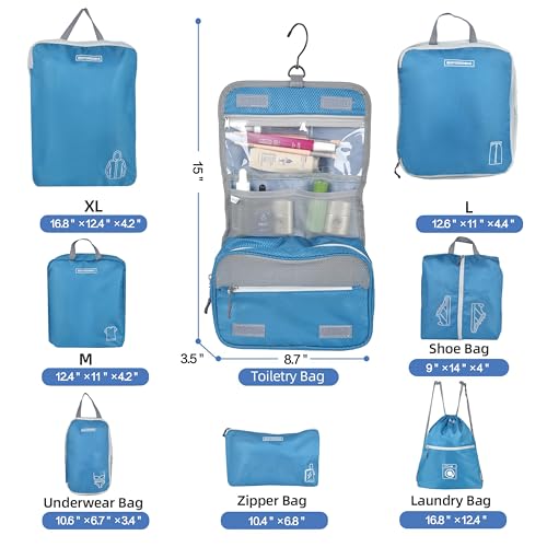 8 Set Expandable Compression Packing Cubes for Suitcases Travel Essentials Carry On Waterproof Storage Bag With Dry And Wet Separation Blue - color: Blue