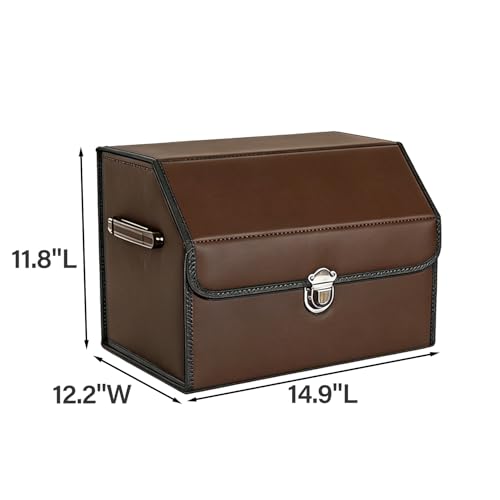 Leather Storage Box Car Trunk Organizer for Trunk SUV Sedan, Leather Foldable Storage Box with Lid (Brown 14.9" L*12.2" W*11.8" H) - size: Brown 14.9"L*12.2"W*11.8" H
