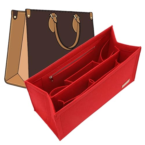 Bag Organizer Insert for LV On The Go MM and Dior Medium Book Tote and more, 9-Section Customizable Purse Organizer with Secure Zippered Pocket Water Bottle Holder, Handbag Shaper Protector (Red) - color: Red, size: Medium Book Tote/On The Go MM